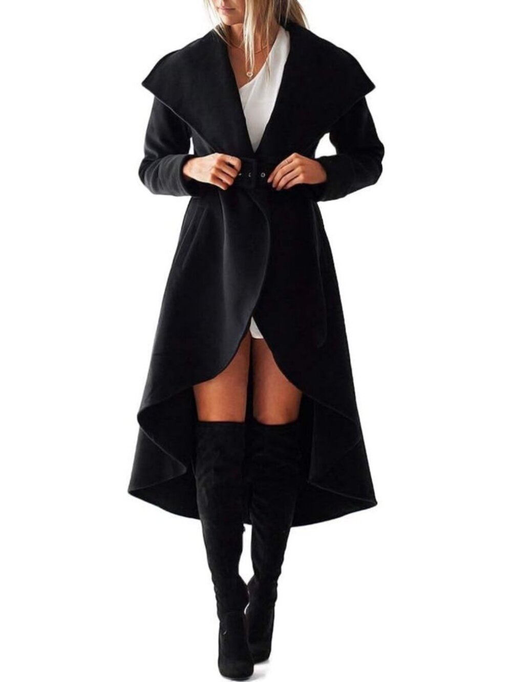 Cozy Women's Wool Trench Coat with Large Collar, High Low Hem & Belted Style